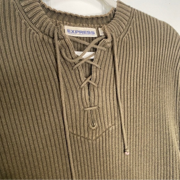Vintage Express Olive Green Ribbed Knit Heavy Sweater Lace Up Neck Size XL - Picture 3 of 8